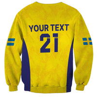 Unisex gold sweatshirt back with blue YOUR TEXT 21 and Swedish flag sleeve stripes