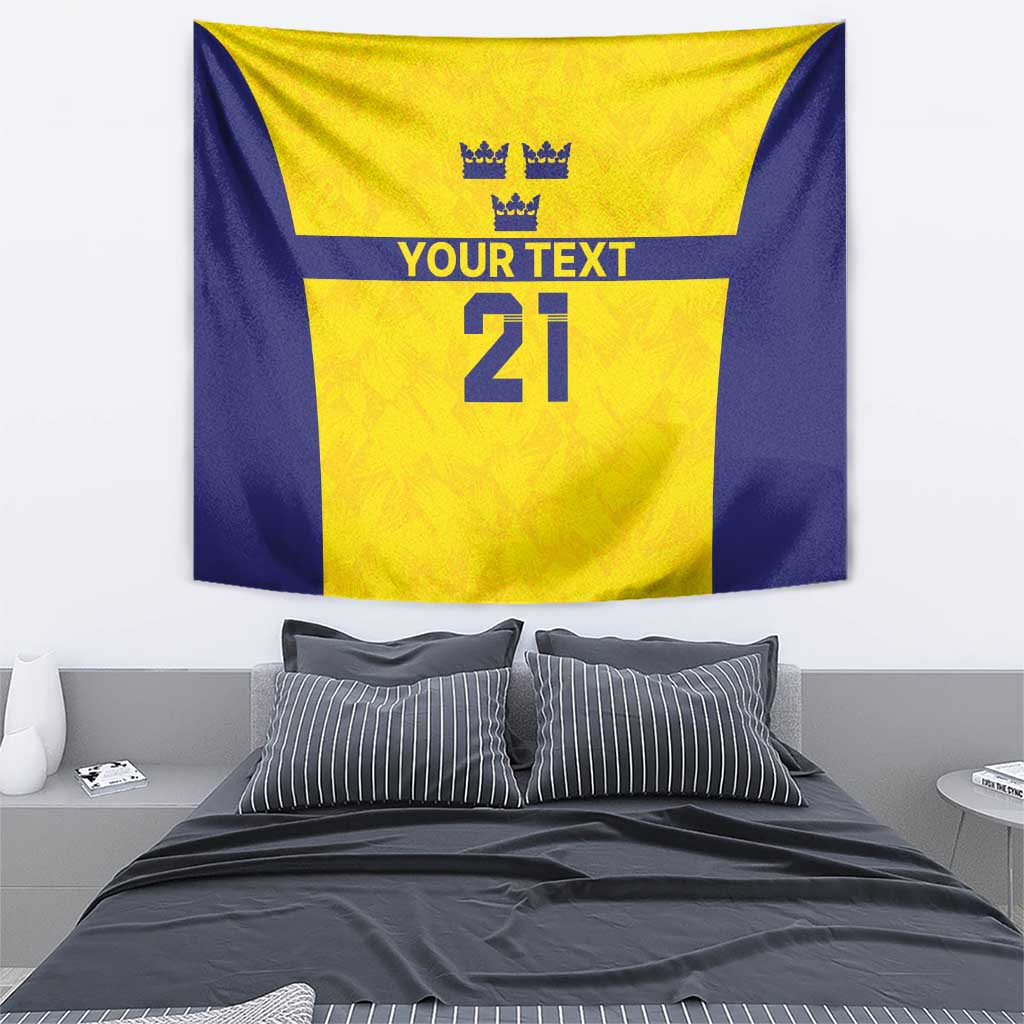 Yellow and blue tapestry wall hanging with crowns, “YOUR TEXT,” and large number 21
