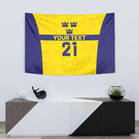Yellow and blue tapestry featuring three crowns, “YOUR TEXT,” and number 21