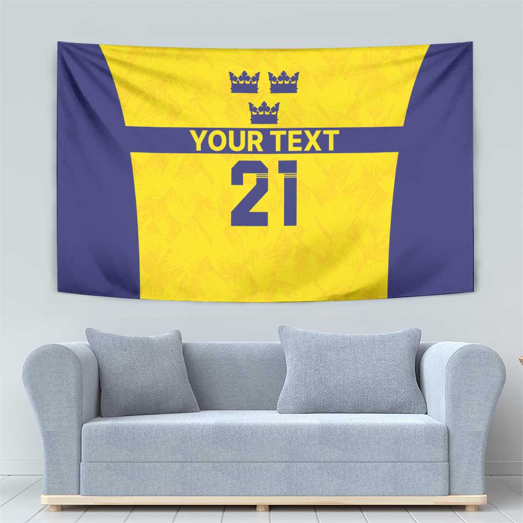 Yellow and blue custom tapestry with three crowns, “YOUR TEXT,” and number 21