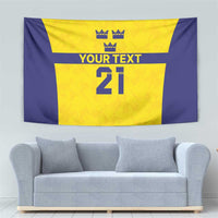 Yellow and blue custom tapestry with three crowns, “YOUR TEXT,” and number 21