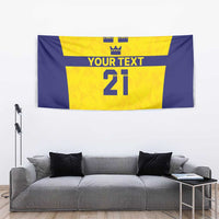 Yellow and blue rugby tapestry with crowns, “YOUR TEXT,” and bold number 21