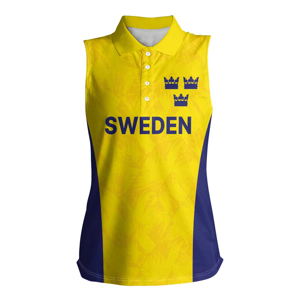 Sweden Rugby Custom Women Sleeveless Polo Shirt Three Crowns of Sweden Gold Pattern