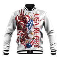 White baseball varsity jacket with eagle and US flag graphic, ribbed striped collar