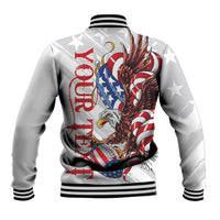 White baseball varsity jacket back print of eagle and stars, striped ribbed hem