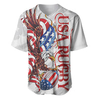 White rugby-style baseball jersey with bald eagle and stars-and-stripes graphic, front view