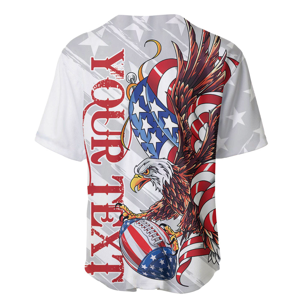 White rugby baseball jersey with bald eagle crest and patriotic stars graphic, side view