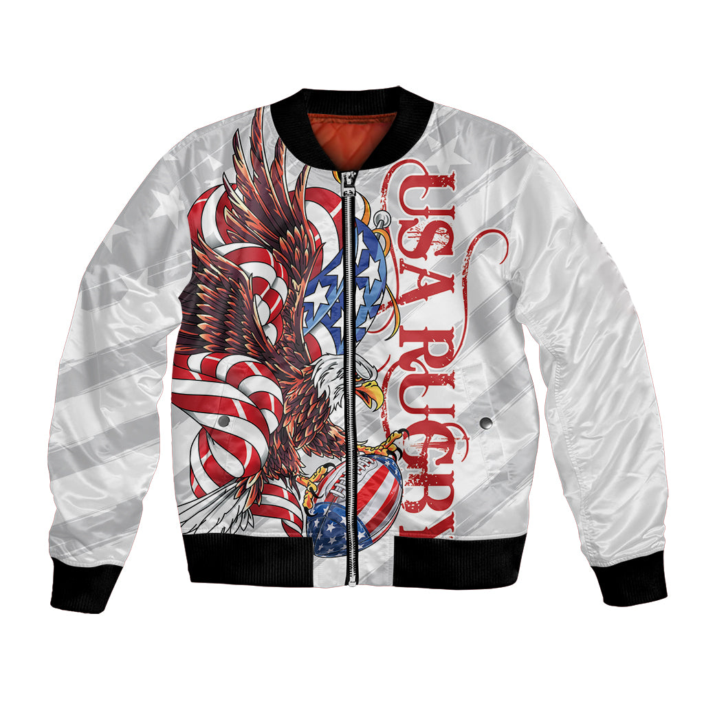 White bomber jacket with front zipper, black ribbed cuffs, American bald eagle graphic