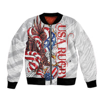 White bomber jacket with front zipper, black ribbed cuffs, American bald eagle graphic