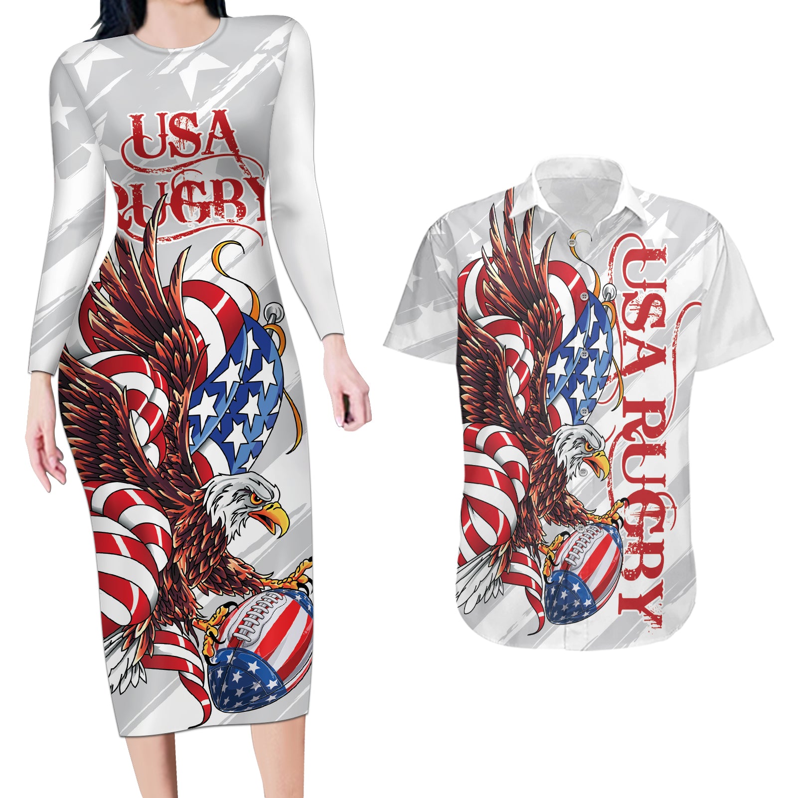 Personalized United States Rugby Couples Matching Long Sleeve Bodycon Dress and Hawaiian Shirt American Bald Eagle LT9 - Wonder Print Shop