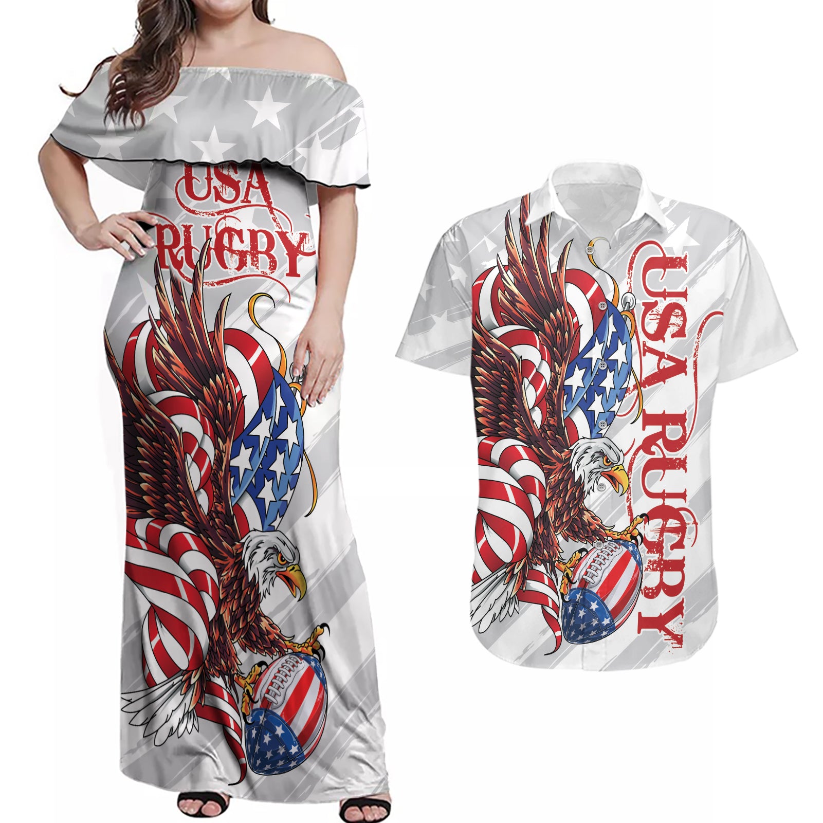 Personalized United States Rugby Couples Matching Off Shoulder Maxi Dress and Hawaiian Shirt American Bald Eagle LT9 - Wonder Print Shop