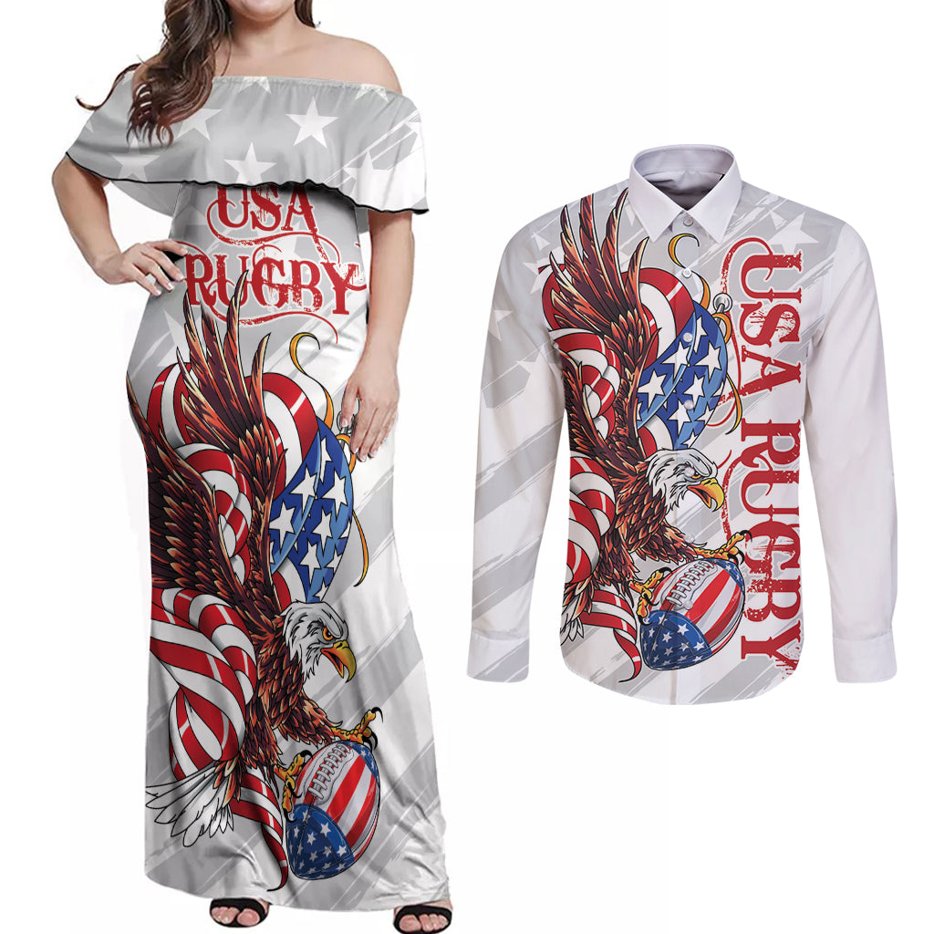 Personalized United States Rugby Couples Matching Off Shoulder Maxi Dress and Long Sleeve Button Shirt American Bald Eagle LT9 - Wonder Print Shop