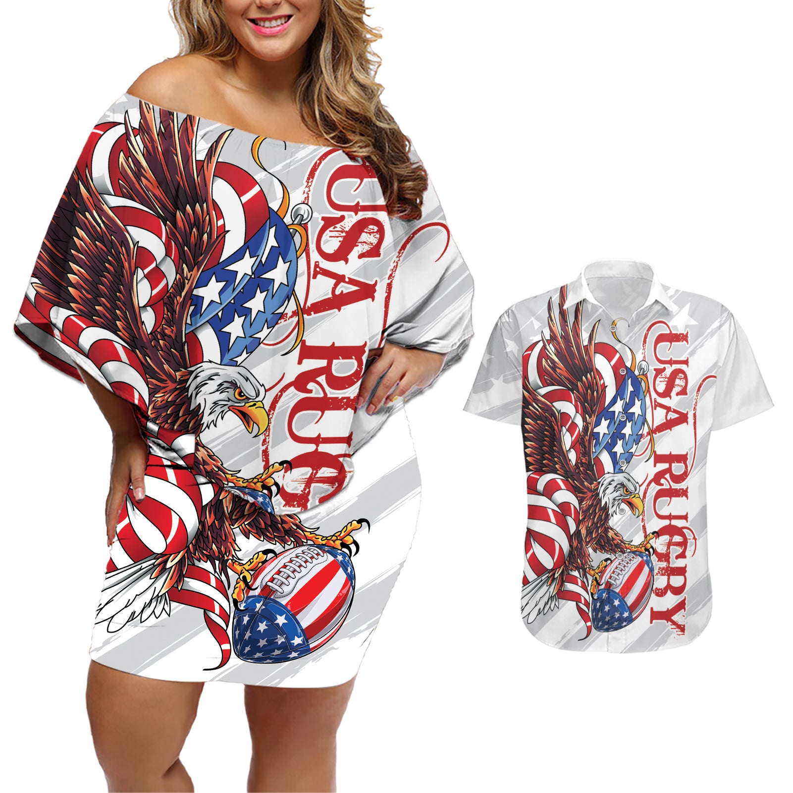 Personalized United States Rugby Couples Matching Off Shoulder Short Dress and Hawaiian Shirt American Bald Eagle LT9 - Wonder Print Shop