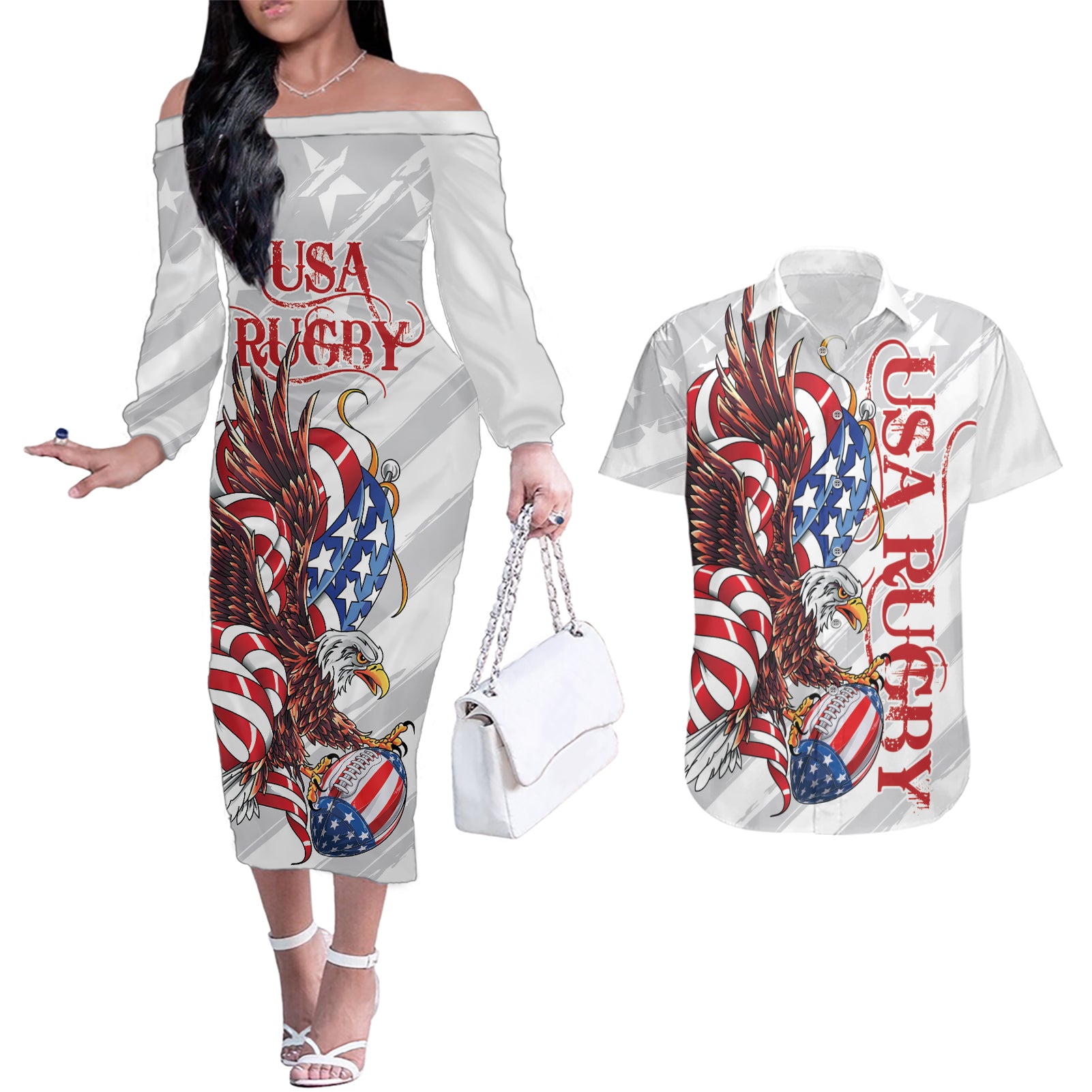 Personalized United States Rugby Couples Matching Off The Shoulder Long Sleeve Dress and Hawaiian Shirt American Bald Eagle LT9 - Wonder Print Shop