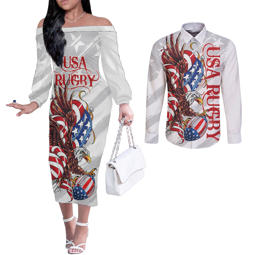 Personalized United States Rugby Couples Matching Off The Shoulder Long Sleeve Dress and Long Sleeve Button Shirt American Bald Eagle