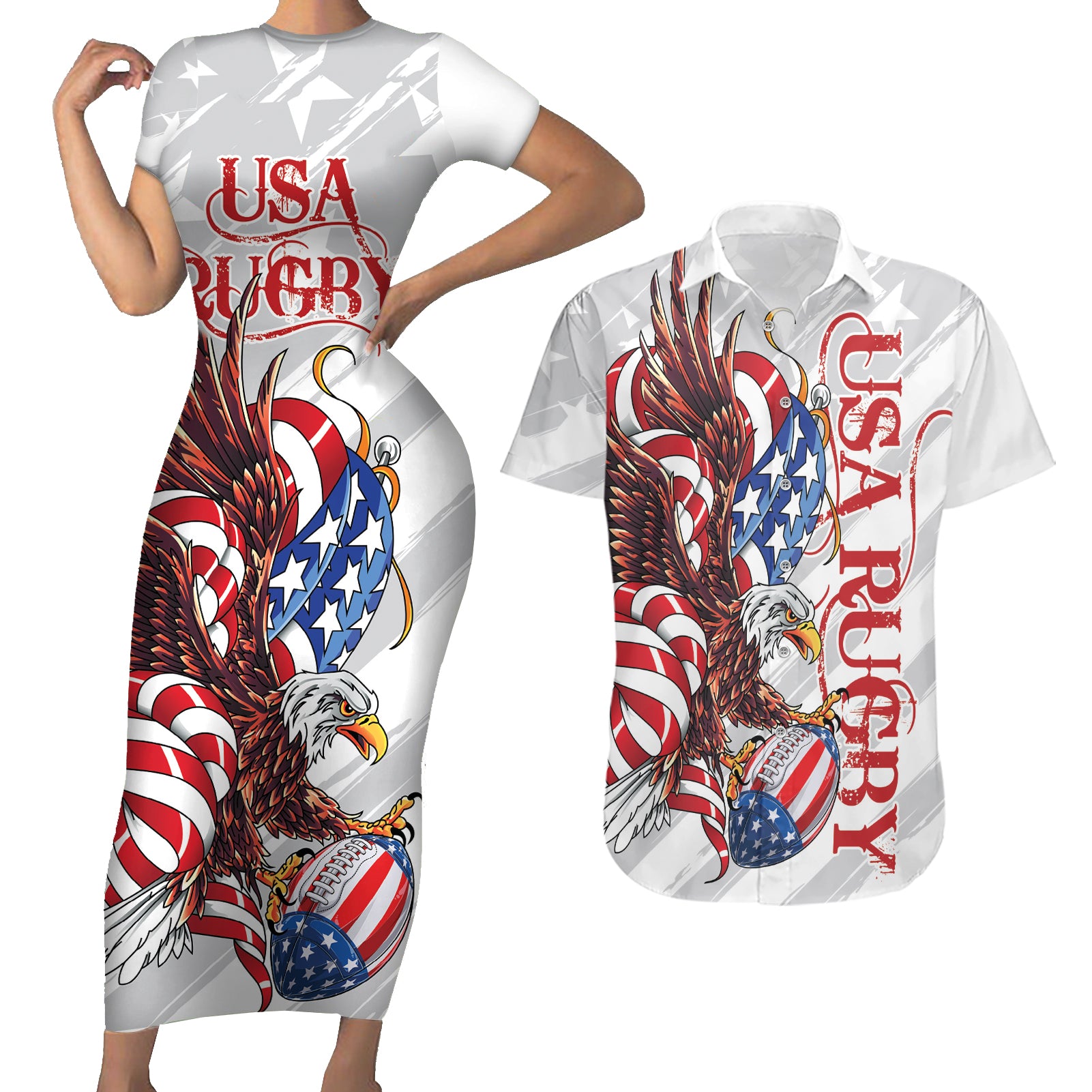 Personalized United States Rugby Couples Matching Short Sleeve Bodycon Dress and Hawaiian Shirt American Bald Eagle LT9 - Wonder Print Shop