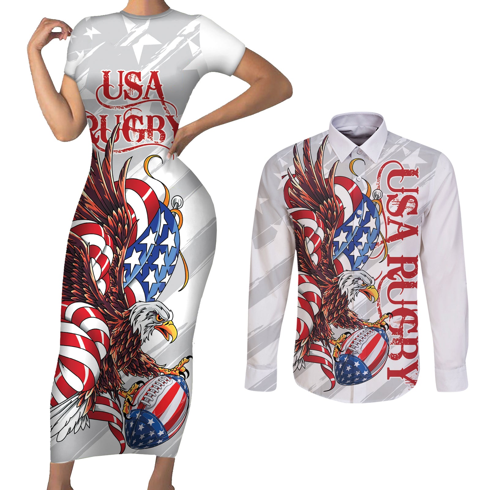 Personalized United States Rugby Couples Matching Short Sleeve Bodycon Dress and Long Sleeve Button Shirt American Bald Eagle LT9 - Wonder Print Shop