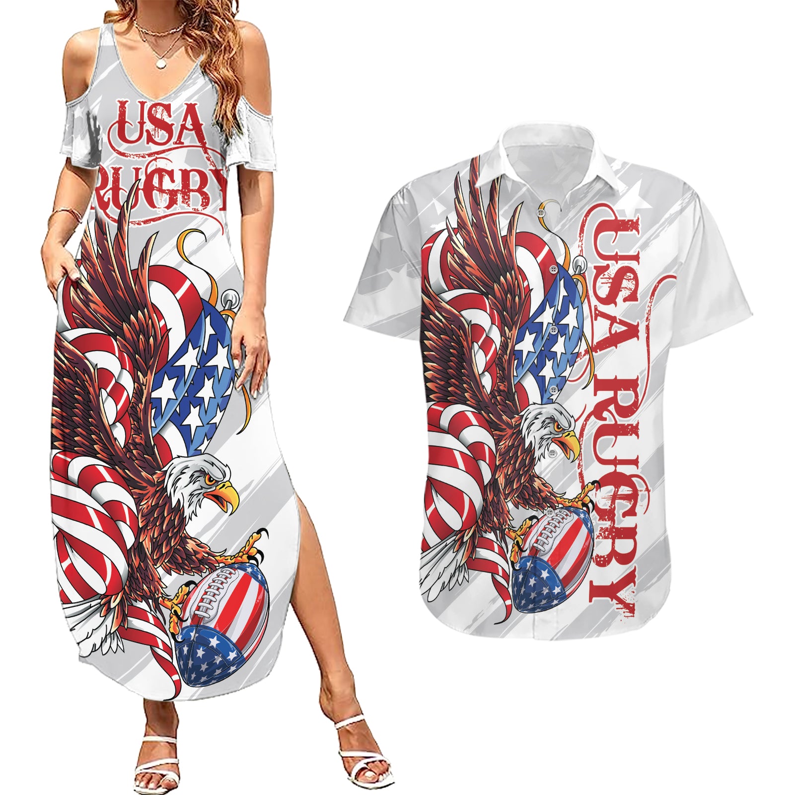 Personalized United States Rugby Couples Matching Summer Maxi Dress and Hawaiian Shirt American Bald Eagle LT9 - Wonder Print Shop