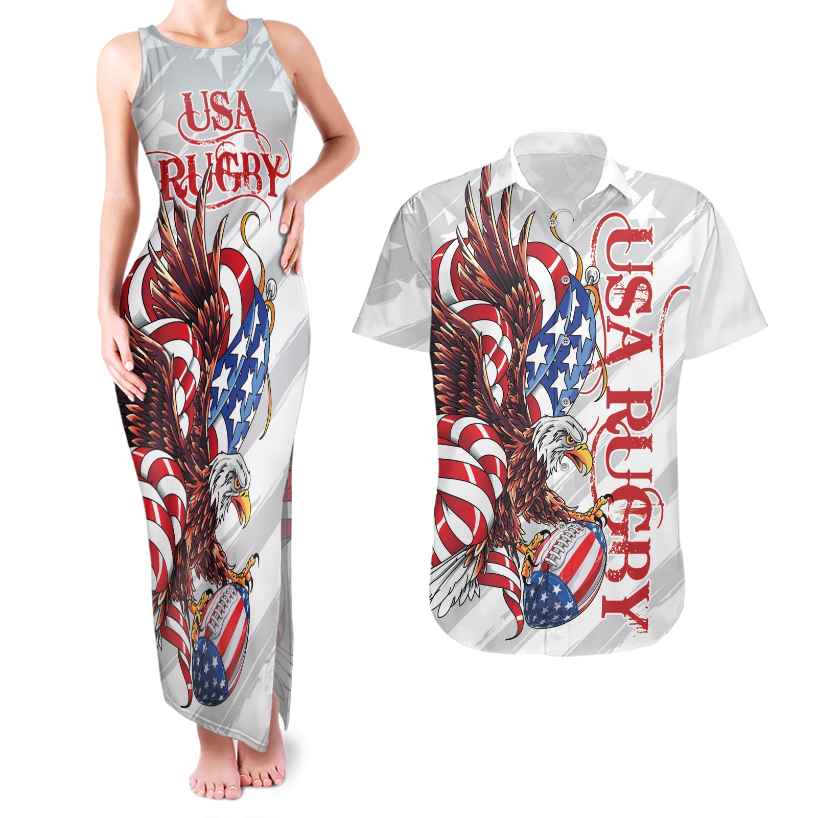 Personalized United States Rugby Couples Matching Tank Maxi Dress and Hawaiian Shirt American Bald Eagle LT9 - Wonder Print Shop