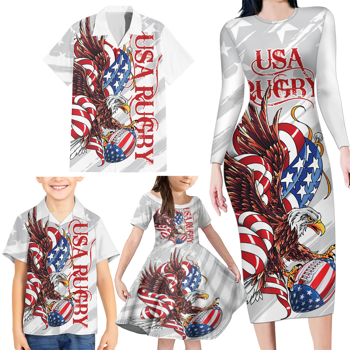 Personalized United States Rugby Family Matching Long Sleeve Bodycon Dress and Hawaiian Shirt American Bald Eagle LT9 - Wonder Print Shop