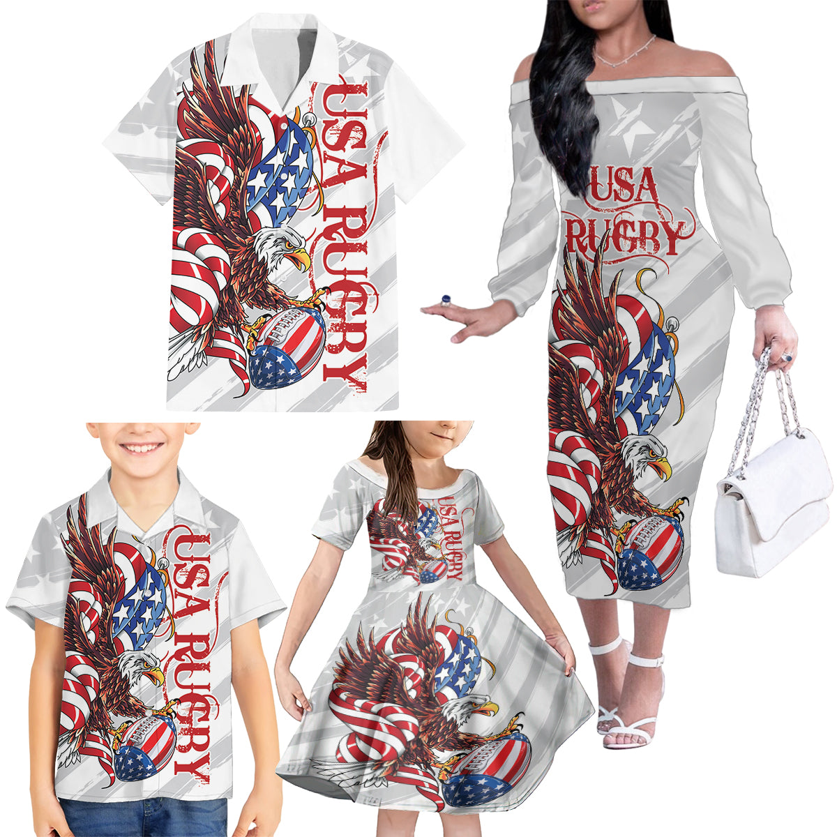 Personalized United States Rugby Family Matching Off The Shoulder Long Sleeve Dress and Hawaiian Shirt American Bald Eagle - Wonder Print Shop