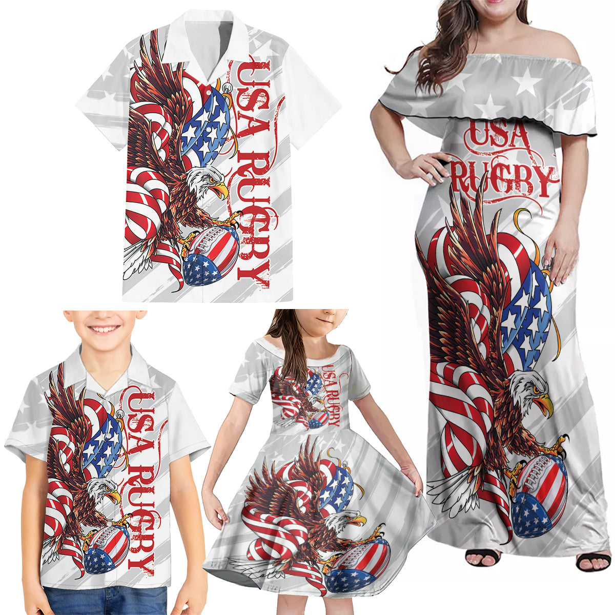 Personalized United States Rugby Family Matching Off Shoulder Maxi Dress and Hawaiian Shirt American Bald Eagle LT9 - Wonder Print Shop