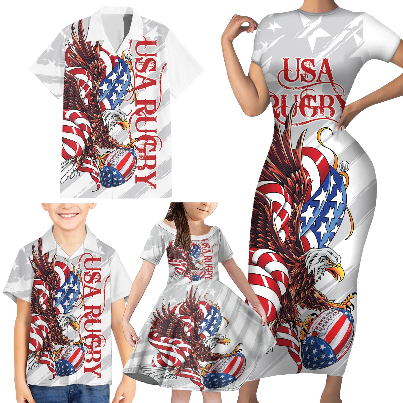 Personalized United States Rugby Family Matching Short Sleeve Bodycon Dress and Hawaiian Shirt American Bald Eagle - Wonder Print Shop