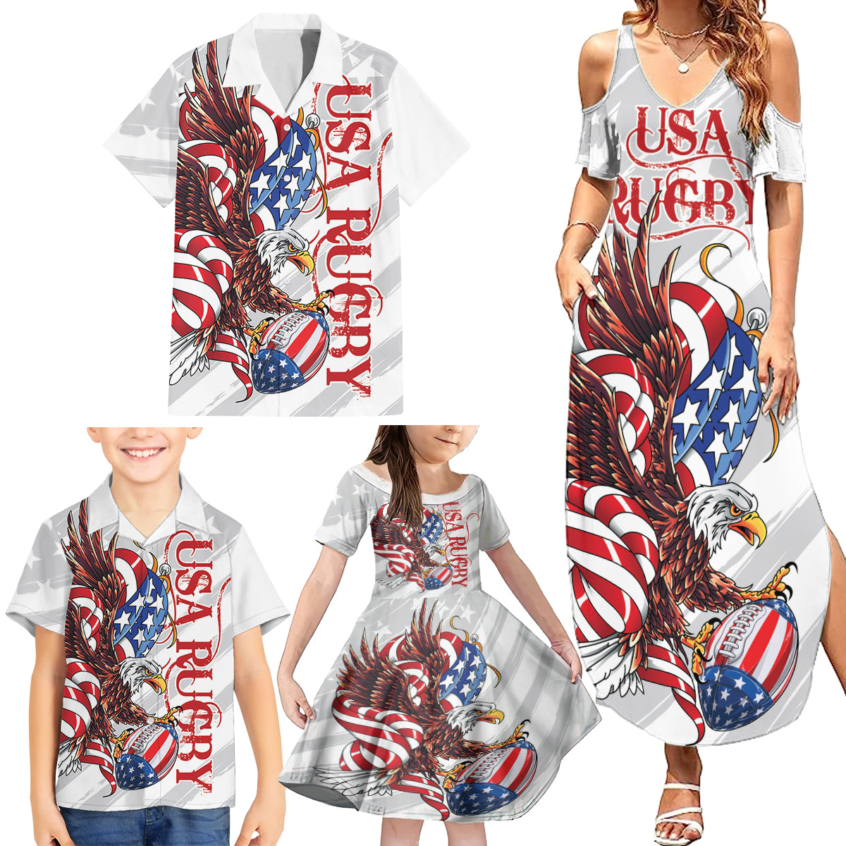 Personalized United States Rugby Family Matching Summer Maxi Dress and Hawaiian Shirt American Bald Eagle - Wonder Print Shop