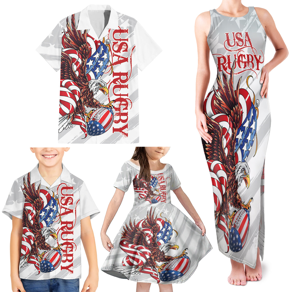 Personalized United States Rugby Family Matching Tank Maxi Dress and Hawaiian Shirt American Bald Eagle - Wonder Print Shop