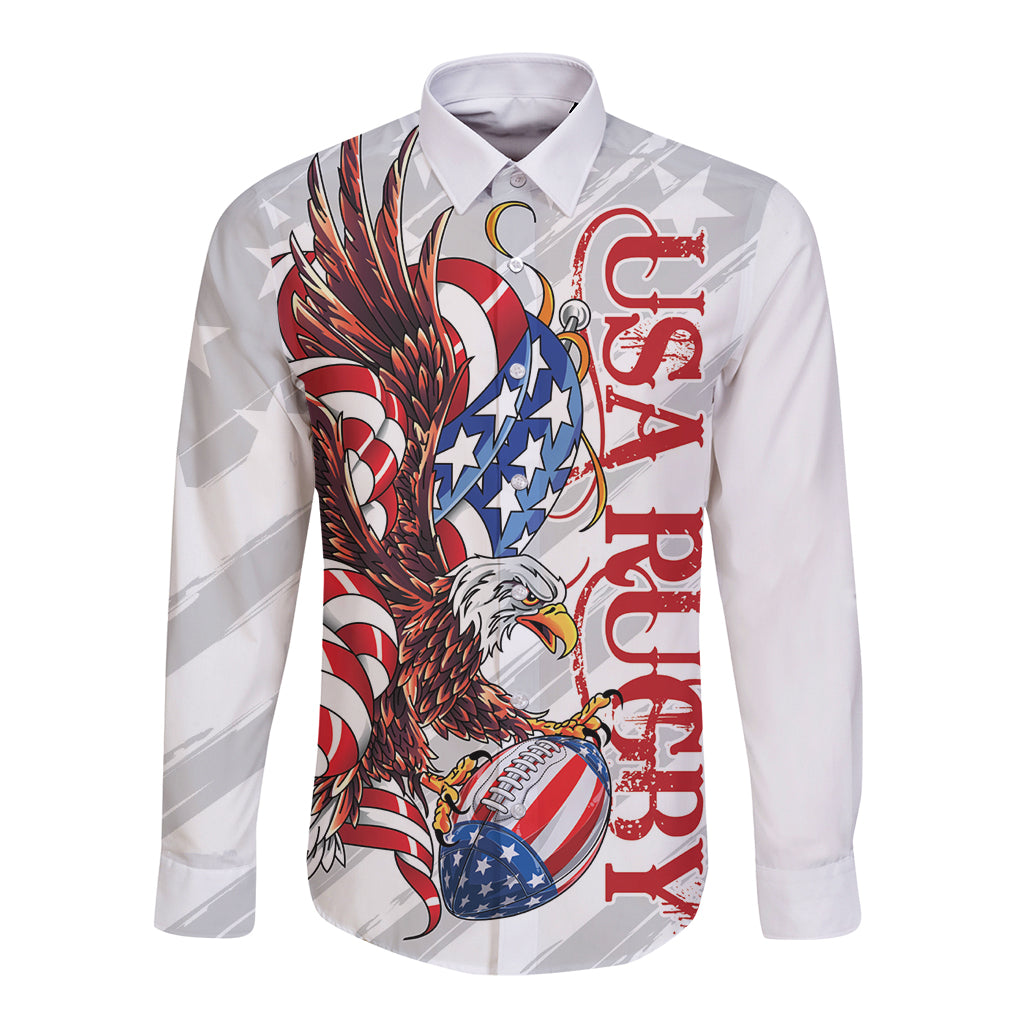 White long-sleeve button shirt with bald eagle and patriotic patch graphic, front view