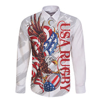 White long-sleeve button shirt with bald eagle and patriotic patch graphic, front view