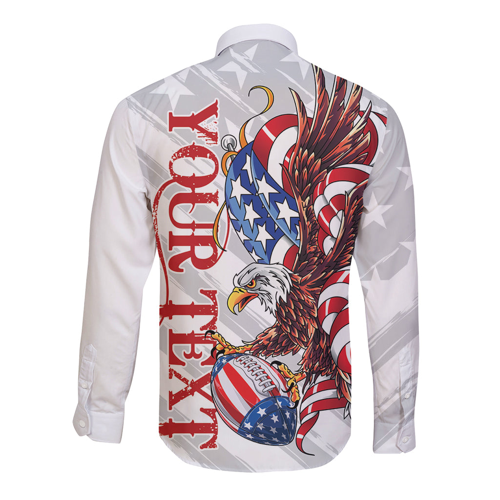White long-sleeve button shirt with bald eagle patriotic graphic, back view