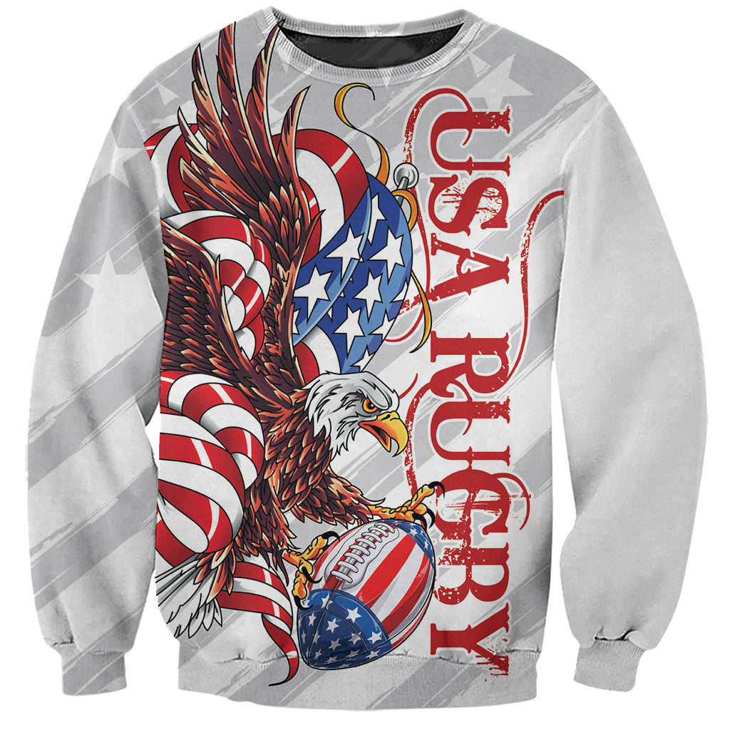 White unisex rugby sweatshirt with bald eagle holding football, stars and stripes print