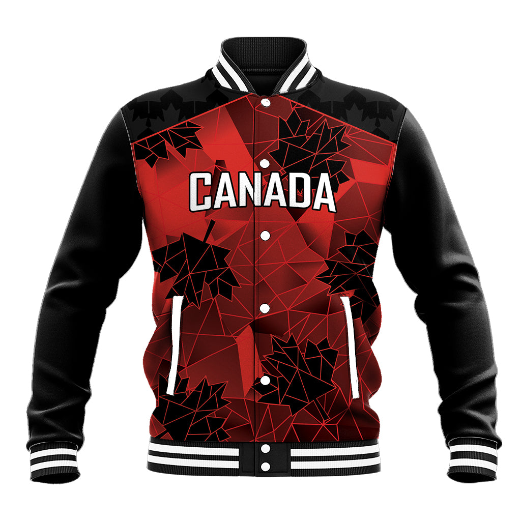 Black varsity baseball jacket with red geometric Canada front graphic, striped rib cuffs