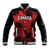 Black varsity baseball jacket with red geometric Canada front graphic, striped rib cuffs