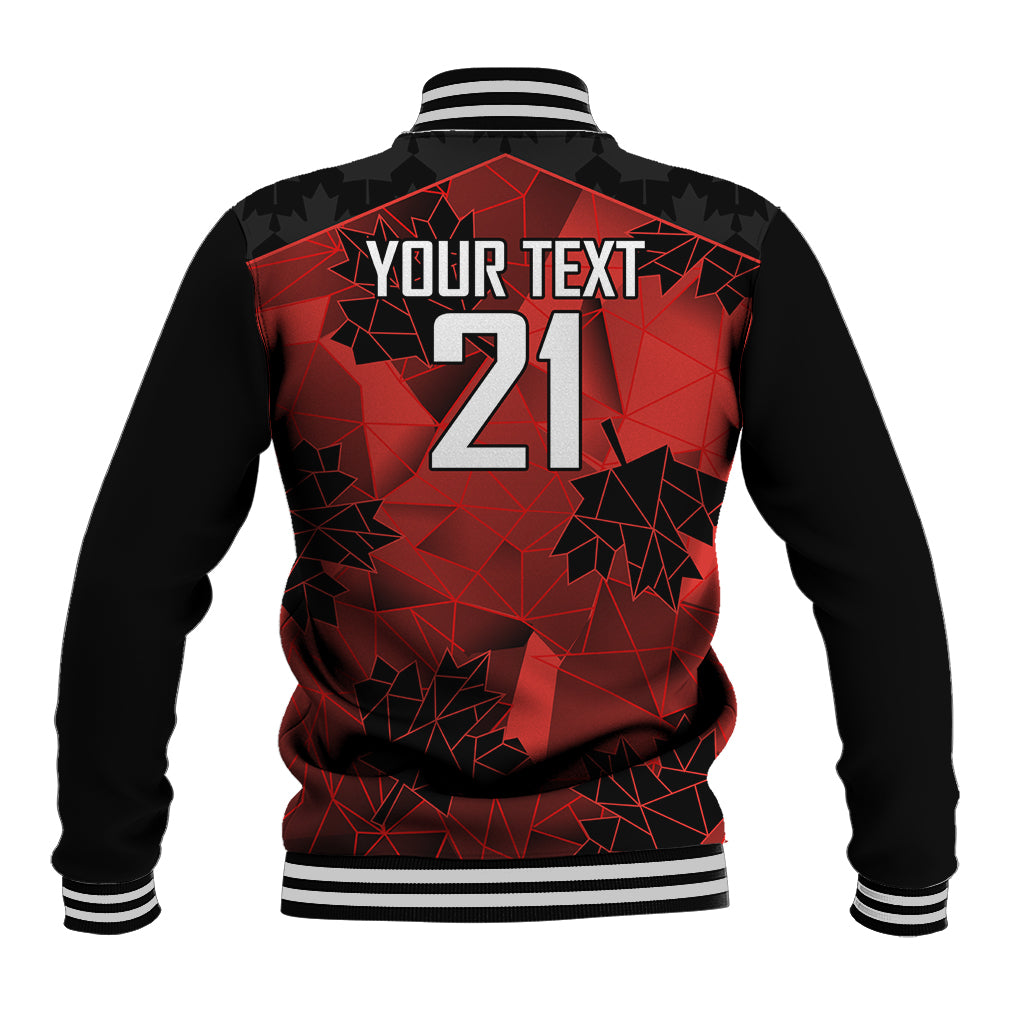 Black varsity baseball jacket with red geometric back graphic: YOUR TEXT 21, striped ribs