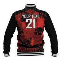 Black varsity baseball jacket with red geometric back graphic: YOUR TEXT 21, striped ribs