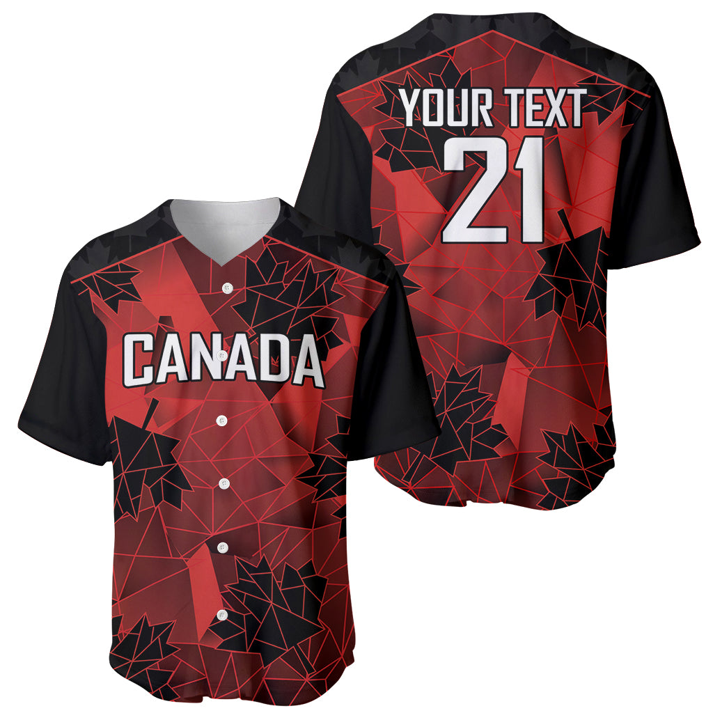 Baseball jersey set, black and red geometric design: CANADA front, 'YOUR TEXT' 21 back.