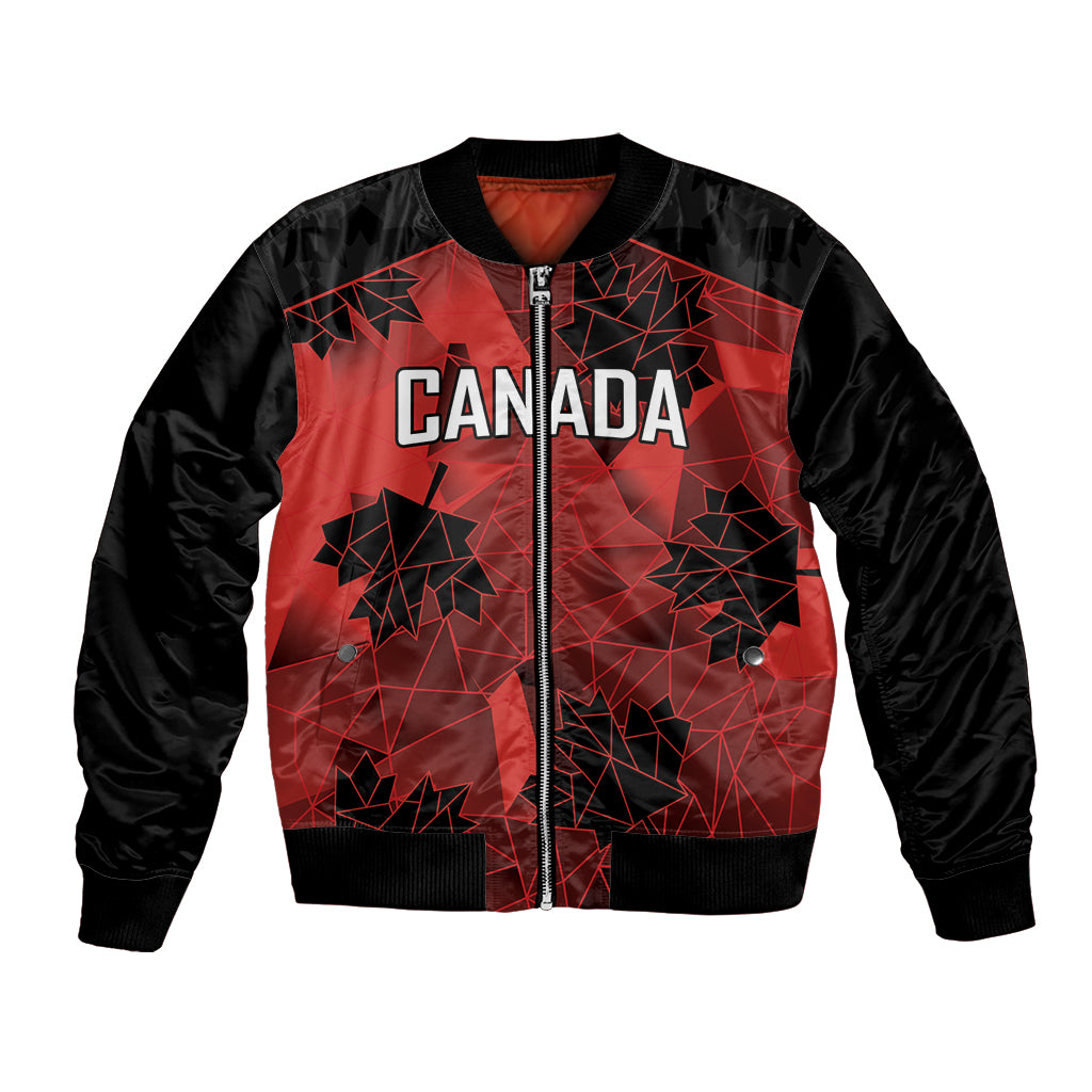 Black bomber jacket with red geometric Canada graphic, front zip