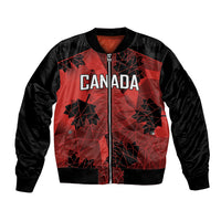 Black bomber jacket with red geometric Canada graphic, front zip