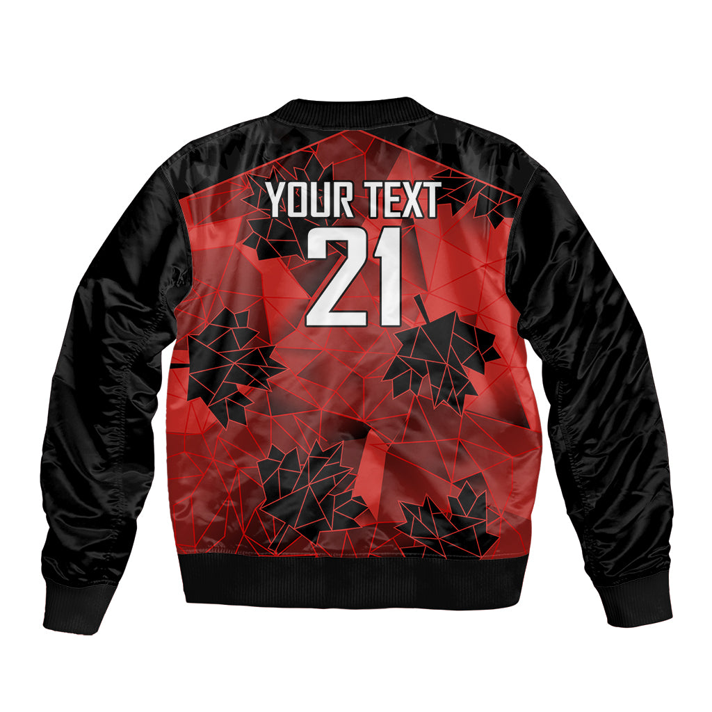 Black bomber jacket with red geometric back print, 'YOUR TEXT' and 21