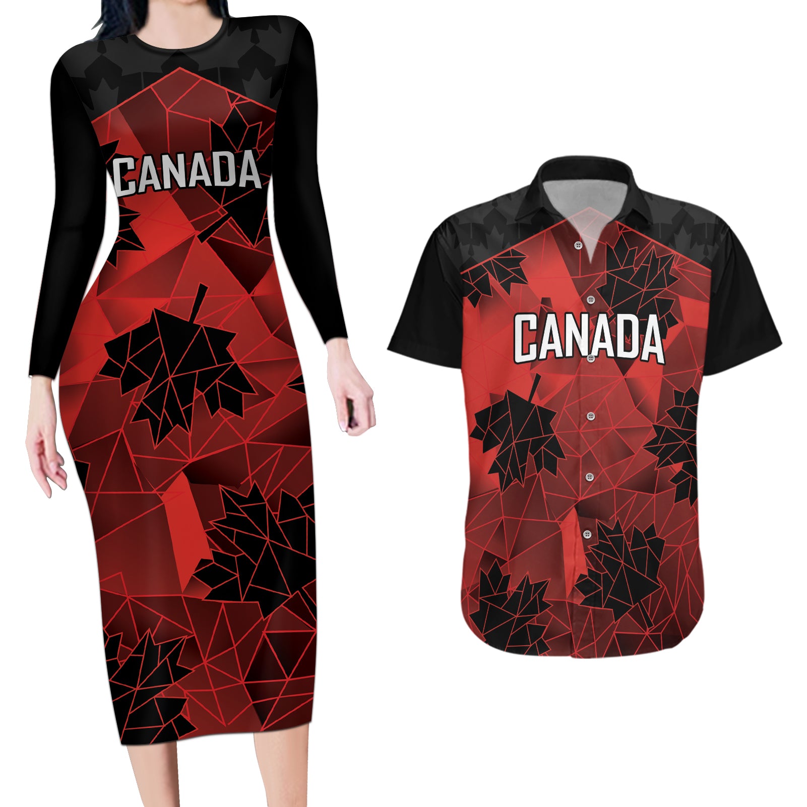 Custom Canada Rugby Couples Matching Long Sleeve Bodycon Dress and Hawaiian Shirt Maple Leaf With Sporty Style LT9 - Wonder Print Shop