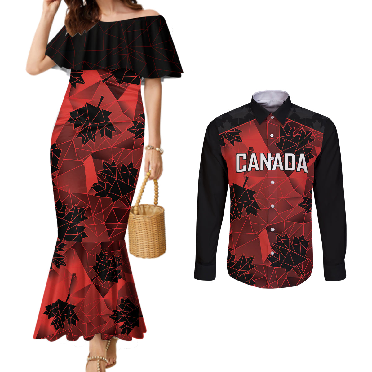 Custom Canada Rugby Couples Matching Mermaid Dress and Long Sleeve Button Shirt Maple Leaf With Sporty Style