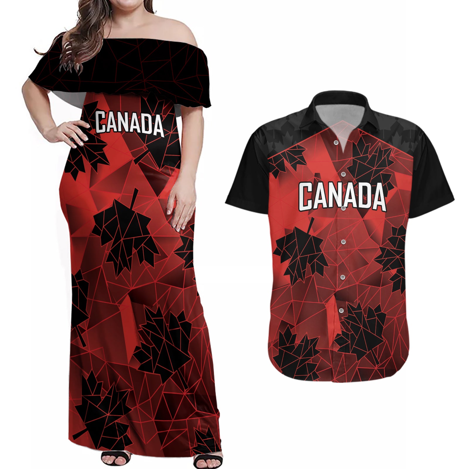 Custom Canada Rugby Couples Matching Off Shoulder Maxi Dress and Hawaiian Shirt Maple Leaf With Sporty Style LT9 - Wonder Print Shop