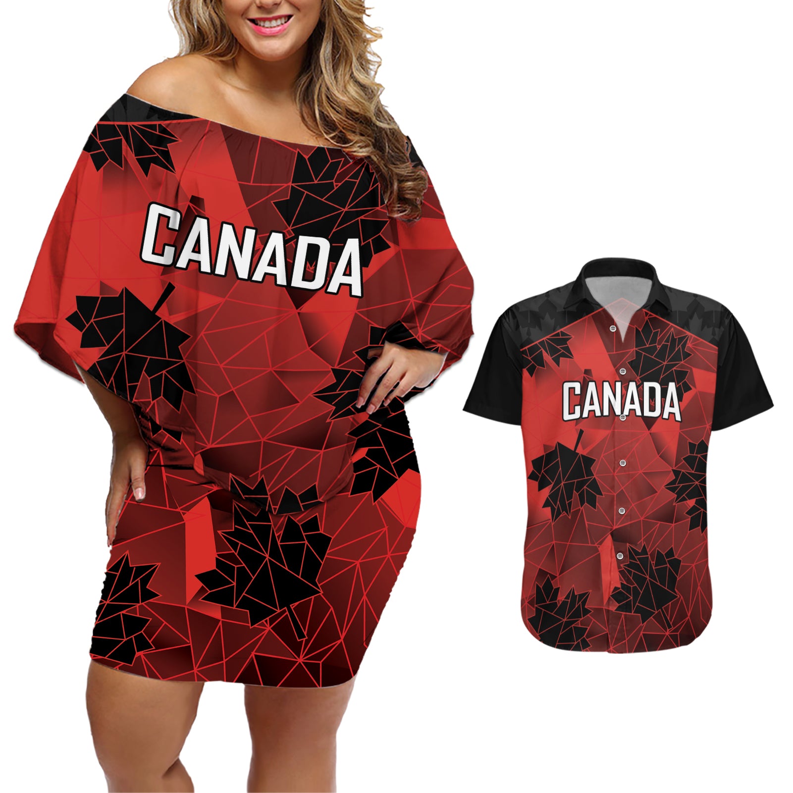 Custom Canada Rugby Couples Matching Off Shoulder Short Dress and Hawaiian Shirt Maple Leaf With Sporty Style LT9 - Wonder Print Shop