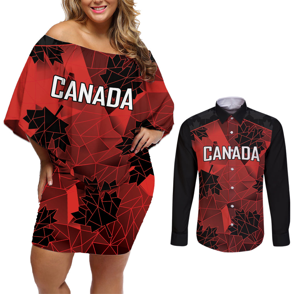 Custom Canada Rugby Couples Matching Off Shoulder Short Dress and Long Sleeve Button Shirt Maple Leaf With Sporty Style LT9 - Wonder Print Shop