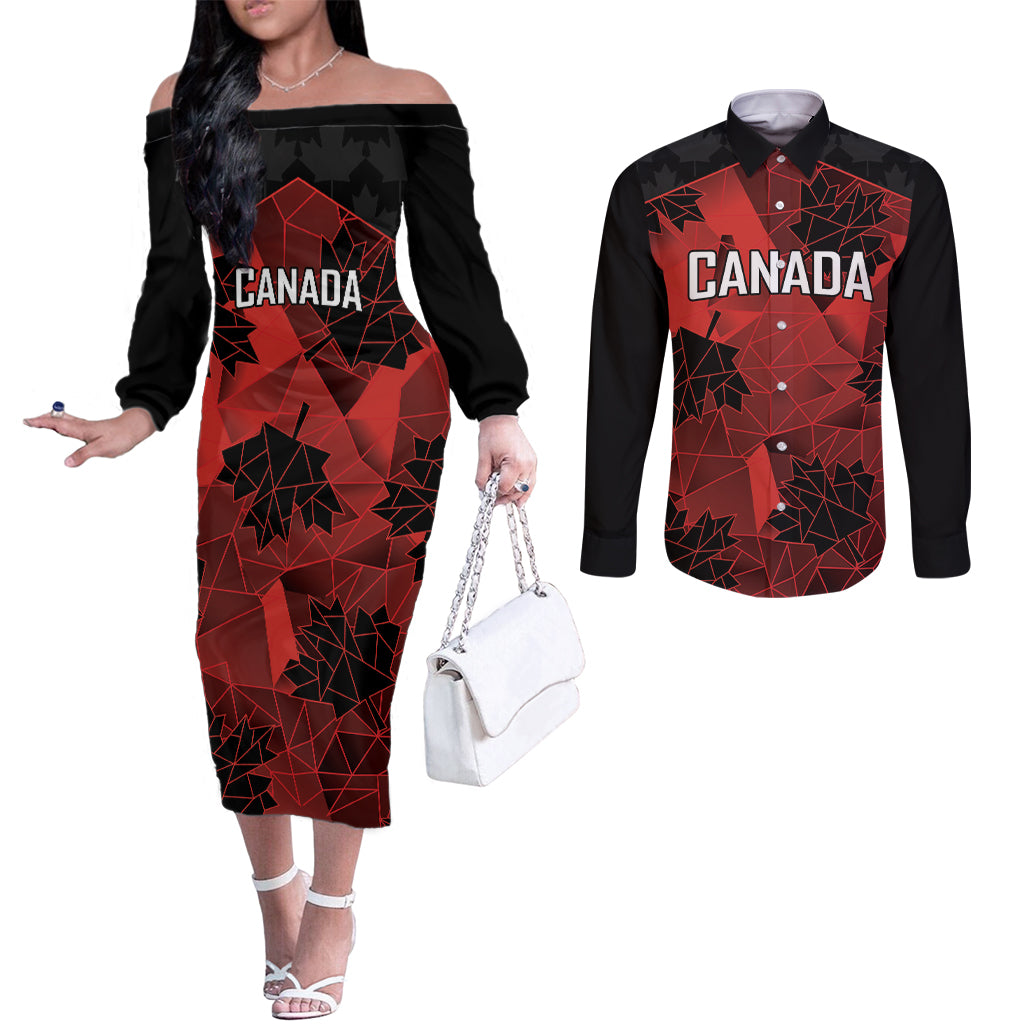 Custom Canada Rugby Couples Matching Off The Shoulder Long Sleeve Dress and Long Sleeve Button Shirt Maple Leaf With Sporty Style