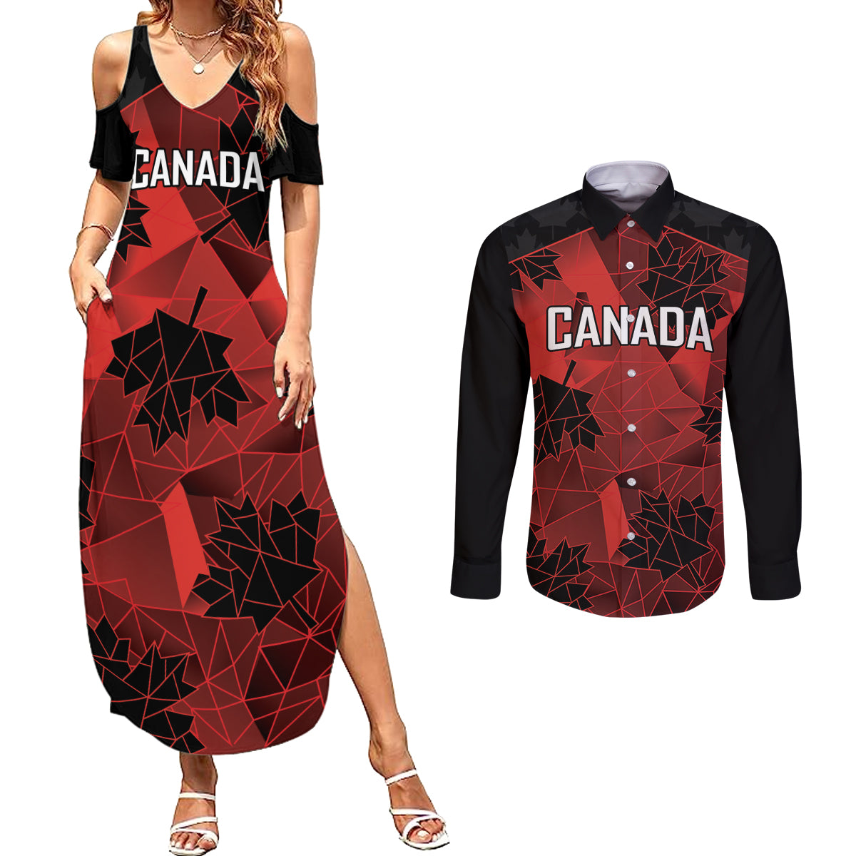 Custom Canada Rugby Couples Matching Summer Maxi Dress and Long Sleeve Button Shirt Maple Leaf With Sporty Style LT9 - Wonder Print Shop