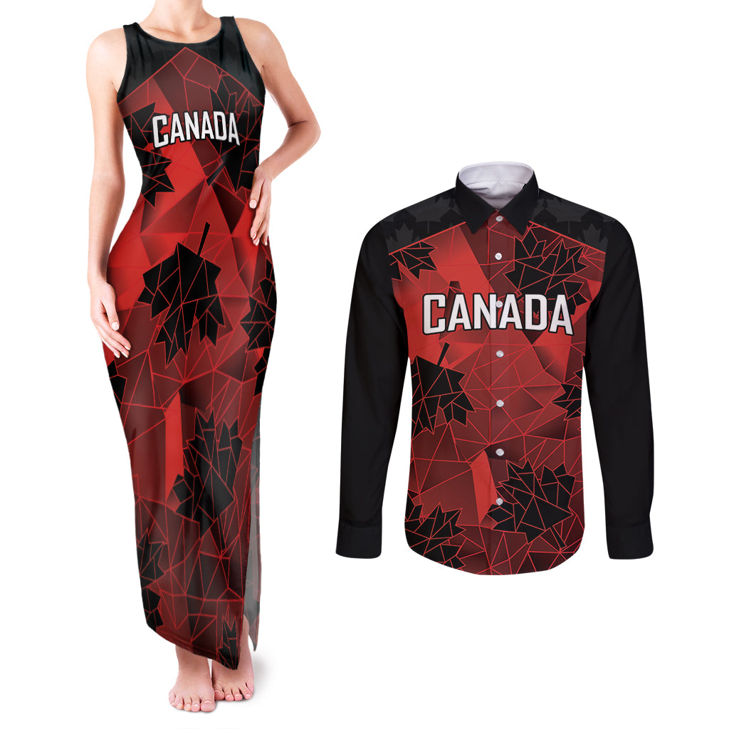 Custom Canada Rugby Couples Matching Tank Maxi Dress and Long Sleeve Button Shirt Maple Leaf With Sporty Style LT9 - Wonder Print Shop