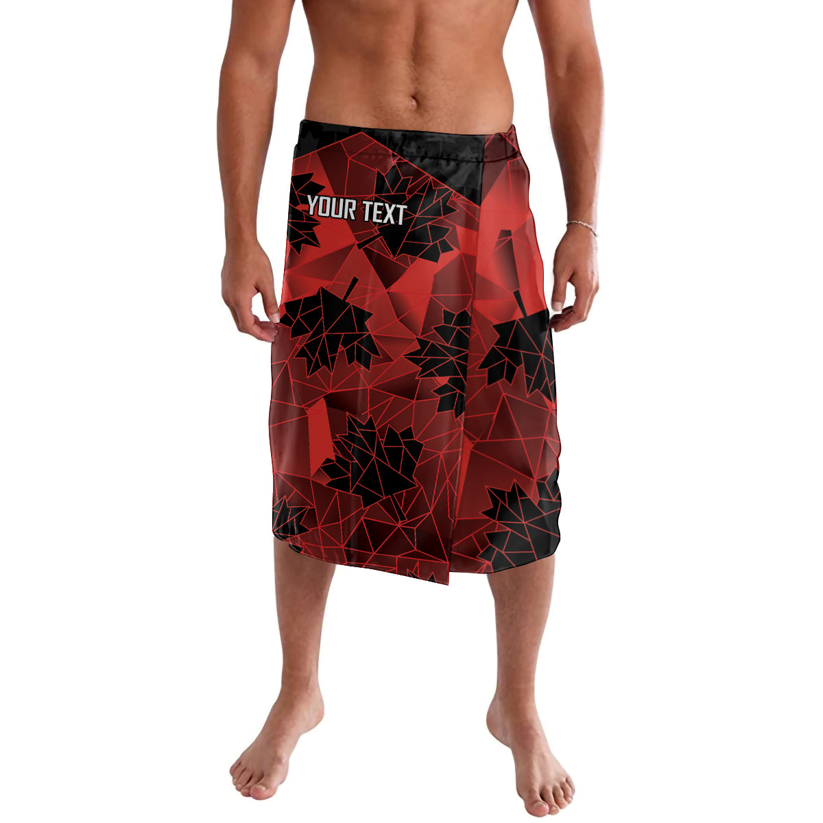 Men's rugby-style shorts with red geometric print and 'YOUR TEXT' on the front